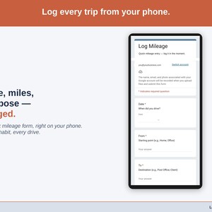 The mileage form on a phone: date, miles, and purpose — the three fields a trip needs, filled in before you drive off.