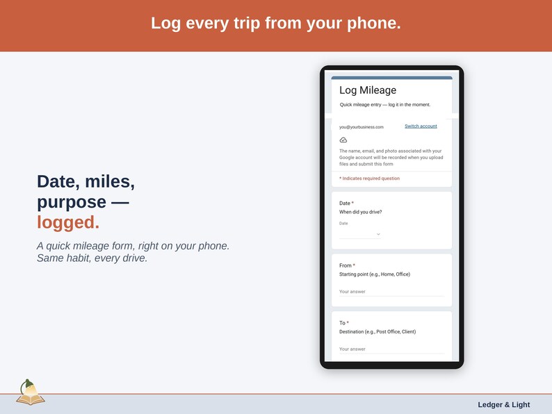 The mileage form on a phone: date, miles, and purpose — the three fields a trip needs, filled in before you drive off.