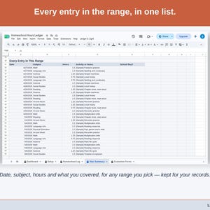 The Year Summary list: every entry in the chosen range with its date, subject, hours and what was covered.