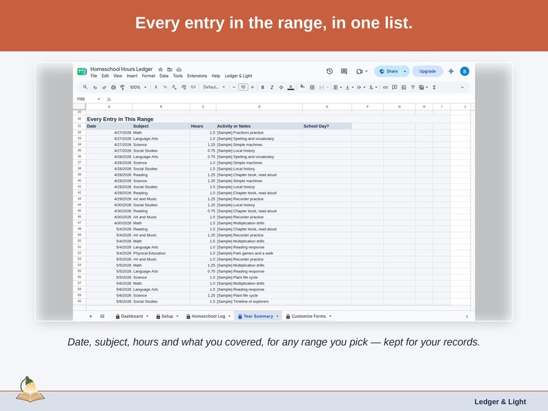 The Year Summary list: every entry in the chosen range with its date, subject, hours and what was covered.