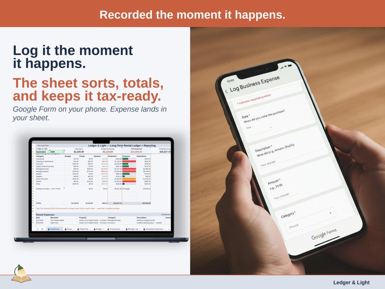 A laptop open to the Dashboard of a long-term rental Expense & Mileage Ledger + Reporting in Google Sheets, with the headline “Log it the moment it happens. The sheet sorts, totals, and keeps it tax-ready”. Google Form on your phone. Expense lands in your sheet.