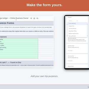 The Customize Forms tab, where the dropdowns become yours: online business trip purposes such as client meeting, supply run and delivery/pickup, plus your own payment methods.