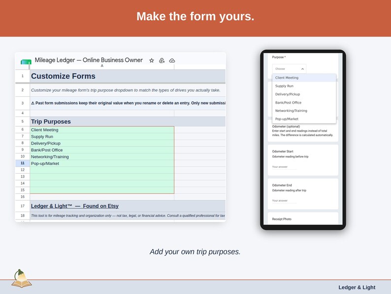 The Customize Forms tab, where the dropdowns become yours: online business trip purposes such as client meeting, supply run and delivery/pickup, plus your own payment methods.