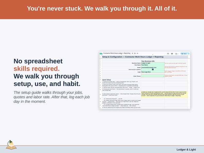 The Setup tab with its Setup Steps walkthrough — your info, theme pick and the Google authorization, then your rates and billing.