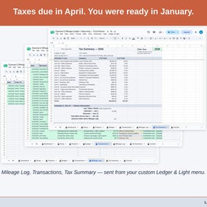 Two exported cards side by side — Tax Summary and Transactions — sent from the Expense & Mileage Ledger + Reporting’s custom Ledger & Light menu. A food vendor year, ready to hand over.