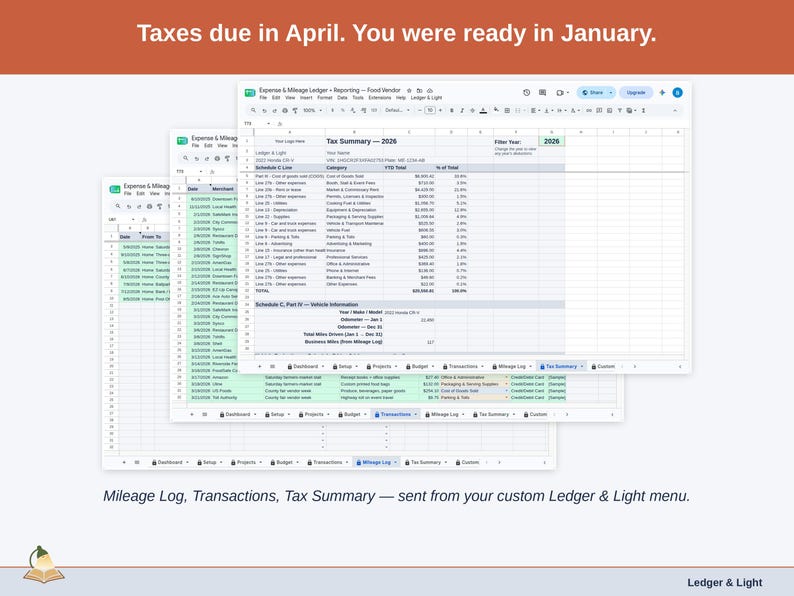 Two exported cards side by side — Tax Summary and Transactions — sent from the Expense & Mileage Ledger + Reporting’s custom Ledger & Light menu. A food vendor year, ready to hand over.