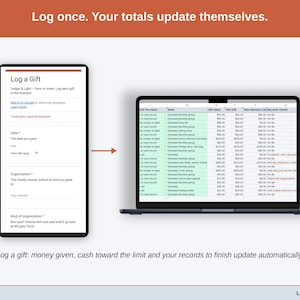 A logged gift moving from the phone form into the Gift Log on a laptop, where the gift value and Records Check fill in on their own.