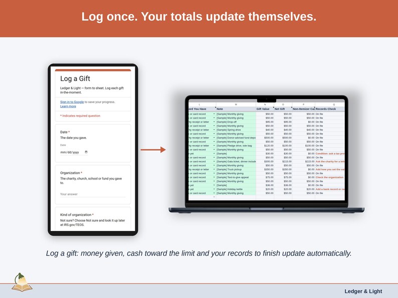 A logged gift moving from the phone form into the Gift Log on a laptop, where the gift value and Records Check fill in on their own.