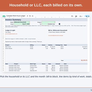 The Invoice Summary tab: Pick the household or its LLC and the month: bill-to block, line items by kind of work, totals.
