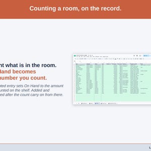 The Items tab with Last Counted dates: a Counted entry sets On Hand to the amount you counted on the shelf.