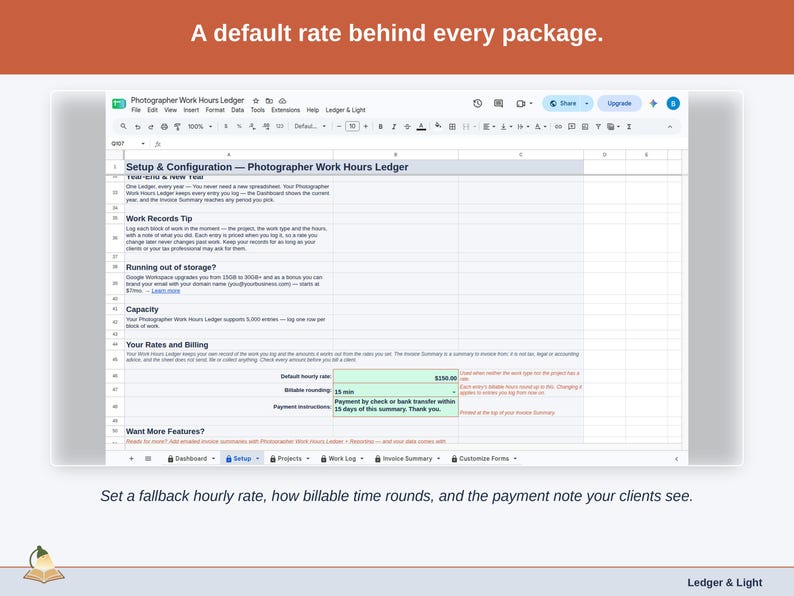 The Setup tab’s rates and billing section: a fallback hourly rate, how billable time rounds, and the payment note your clients see.
