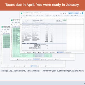 Two exported cards side by side — Tax Summary and Transactions — sent from the Expense & Mileage Ledger’s custom Ledger & Light menu. A freelancer year, ready to hand over.