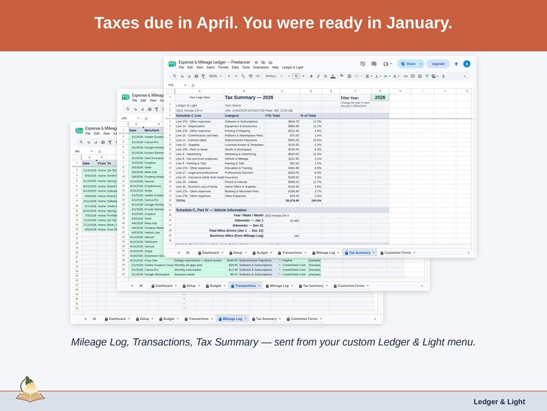 Two exported cards side by side — Tax Summary and Transactions — sent from the Expense & Mileage Ledger’s custom Ledger & Light menu. A freelancer year, ready to hand over.