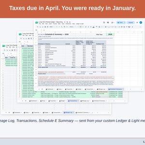Two exported cards side by side — Tax Summary and Transactions — sent from the Expense & Mileage Ledger + Reporting’s custom Ledger & Light menu. A long-term rental year, ready to hand over.