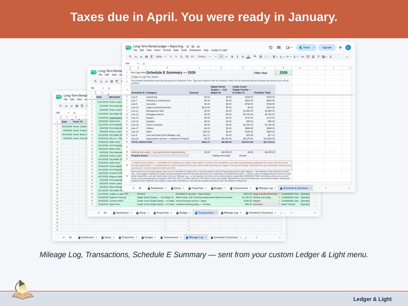 Two exported cards side by side — Tax Summary and Transactions — sent from the Expense & Mileage Ledger + Reporting’s custom Ledger & Light menu. A long-term rental year, ready to hand over.
