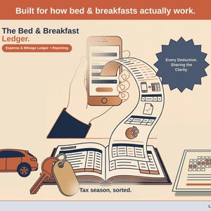 Title slide for the Bed & Breakfast Ledger — “Expense & Mileage Ledger + Reporting” set over illustrated bed & breakfast objects on a desk. Expenses, mileage, and tax-ready reporting — with the categories you actually use.