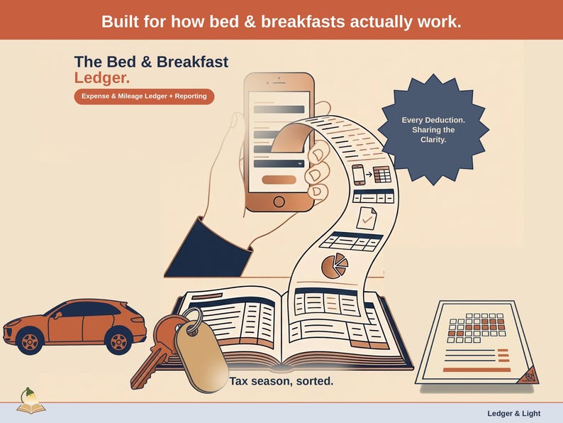 Title slide for the Bed & Breakfast Ledger — “Expense & Mileage Ledger + Reporting” set over illustrated bed & breakfast objects on a desk. Expenses, mileage, and tax-ready reporting — with the categories you actually use.