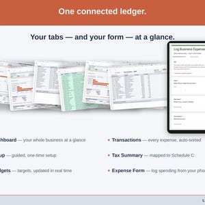 The sheet’s tabs fanned out — Dashboard, Setup, Budgets, Transactions, Tax Summary, Expense Form — plus the phone form that feeds them. Everything a photographer ledger is made of, in one view.