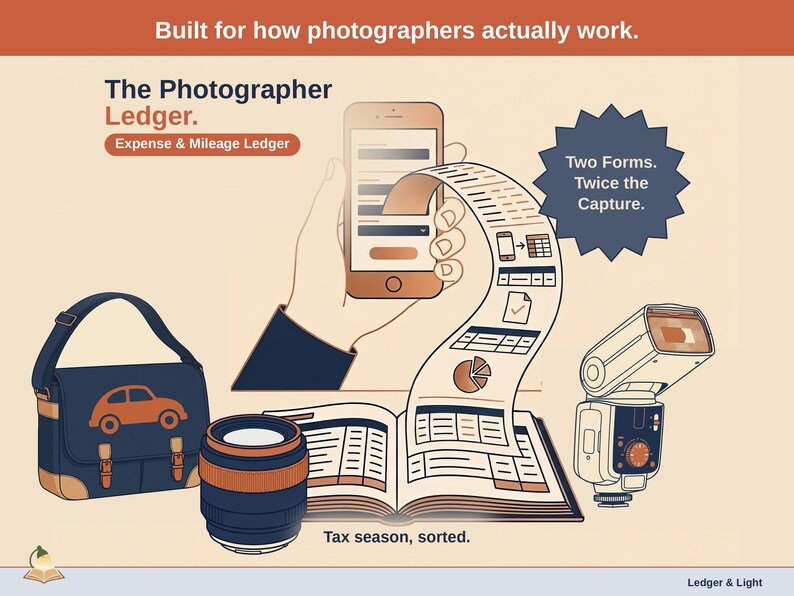 Title slide for the Photographer Ledger — “Expense & Mileage Ledger” set over illustrated photographer objects on a desk. Expenses, mileage, and tax-ready reporting — with the categories you actually use.