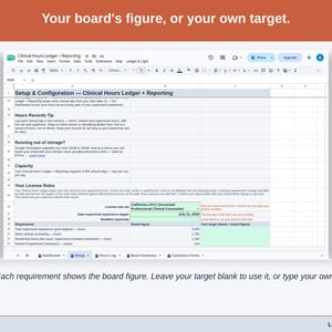 The Setup tab’s license rules: each requirement shows the board figure, with a Your target column left blank to use it or filled with your own number.
