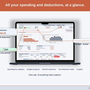 Full-width view of the Expense Ledger Dashboard tab: spending by category, budget progress, recent expenses, tax-deduction totals, insights — a reseller business, whole, on one tab.