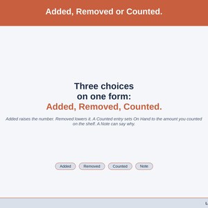 A statement slide: Added raises the number, Removed lowers it, and a Counted entry sets On Hand to the amount you counted on the shelf.