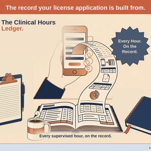 Title slide for the Clinical Hours Ledger — a clipboard, an appointment book and a coffee mug on a desk beside an open ledger, with a phone feeding it: every supervised hour, on the record.