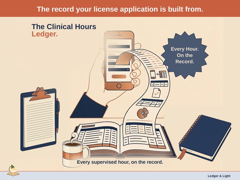 Title slide for the Clinical Hours Ledger — a clipboard, an appointment book and a coffee mug on a desk beside an open ledger, with a phone feeding it: every supervised hour, on the record.