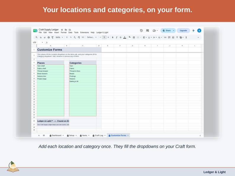 The Customize Forms tab: your locations and categories, which fill the dropdowns on the Craft form.