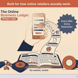 Title slide for the Online Business Ledger — “Mileage Ledger” set over illustrated online business objects on a desk. Expenses, mileage, and tax-ready reporting — with the categories you actually use.