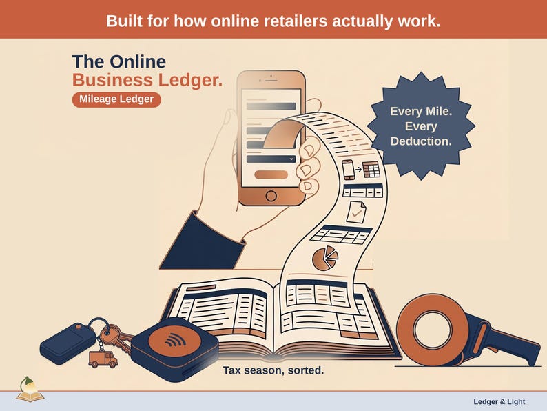 Title slide for the Online Business Ledger — “Mileage Ledger” set over illustrated online business objects on a desk. Expenses, mileage, and tax-ready reporting — with the categories you actually use.