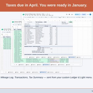 Two exported cards side by side — Tax Summary and Transactions — sent from the Expense & Mileage Ledger + Reporting’s custom Ledger & Light menu. A notary year, ready to hand over.