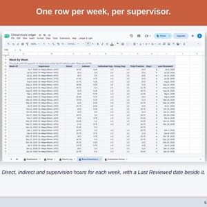 The Board Summary’s week-by-week list: one row per week and supervisor with direct, indirect and supervision hours and a Last Reviewed date.