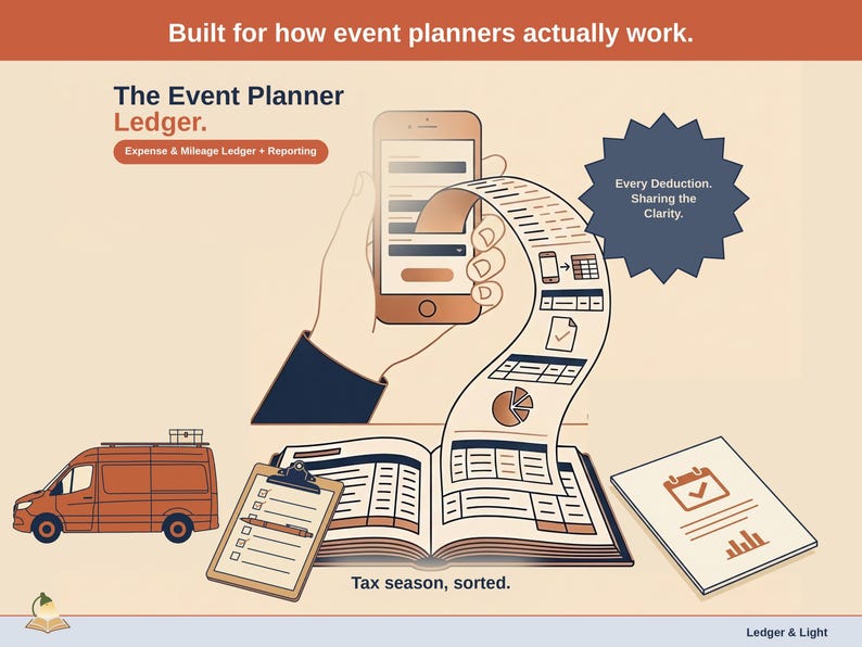 Title slide for the Event Planner Ledger — “Expense & Mileage Ledger + Reporting” set over illustrated event planner objects on a desk. Expenses, mileage, and tax-ready reporting — with the categories you actually use.