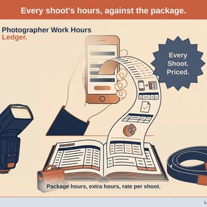 Puede incluir: Una ilustración gráfica titulada Photographer Work Hours Ledger que muestra un teléfono inteligente, un flash, una correa de cámara y un libro de contabilidad abierto. El texto incluye Every shoot's hours, against the package, Every Shoot. Priced. y Package hours, extra hours, rate per shoot.