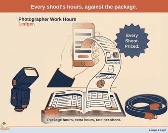 May include: A graphic illustration titled Photographer Work Hours Ledger featuring a smartphone, a camera flash, a camera strap, and an open ledger book. Text includes Every shoot's hours, against the package, Every Shoot. Priced., and Package hours, extra hours, rate per shoot.