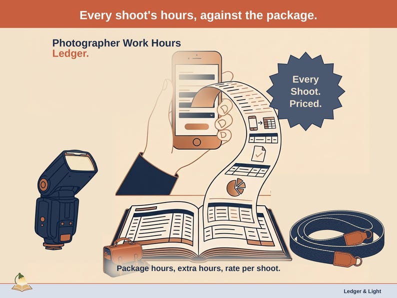Title slide for the Photographer Work Hours Ledger — camera strap, air blower and lens filter on a desk beside an open ledger, with a phone feeding it: package hours, extra hours, rate per shoot.