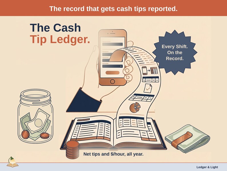 Title slide for the Tip Ledger for tipped workers paid in cash — a tip jar, a clip of folded notes and stacked coins on a desk beside an open ledger, with a phone feeding it: Net tips and $/hour, all year.