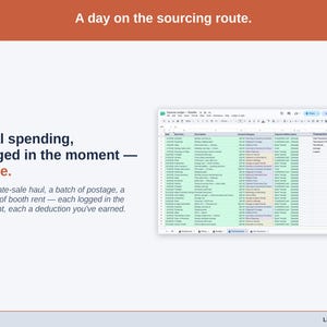 The Transactions tab showing one real day of reseller spending — an estate-sale haul, a batch of postage, a month of booth rent — each logged in the moment, each a deduction you’ve earned.