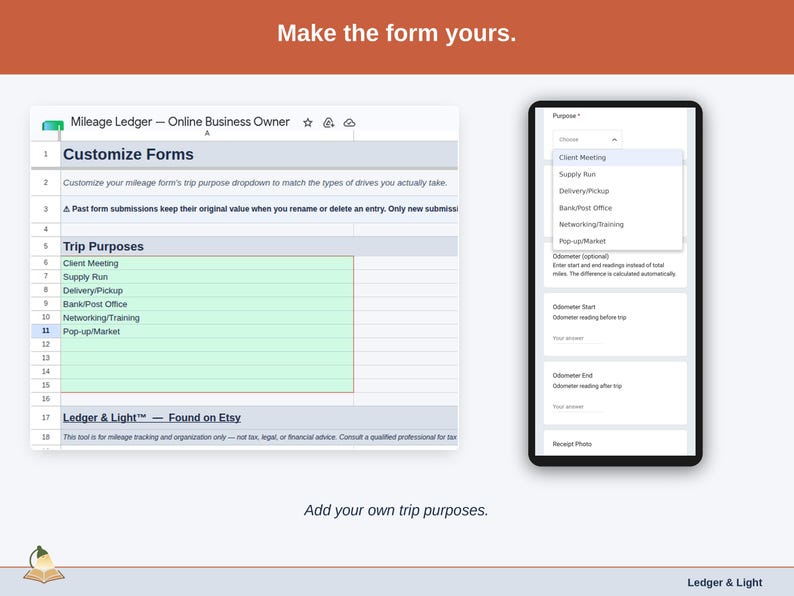 The Customize Forms tab, where the dropdowns become yours: reseller trip purposes such as estate sale, thrift sourcing and post office shipping, plus your own payment methods.