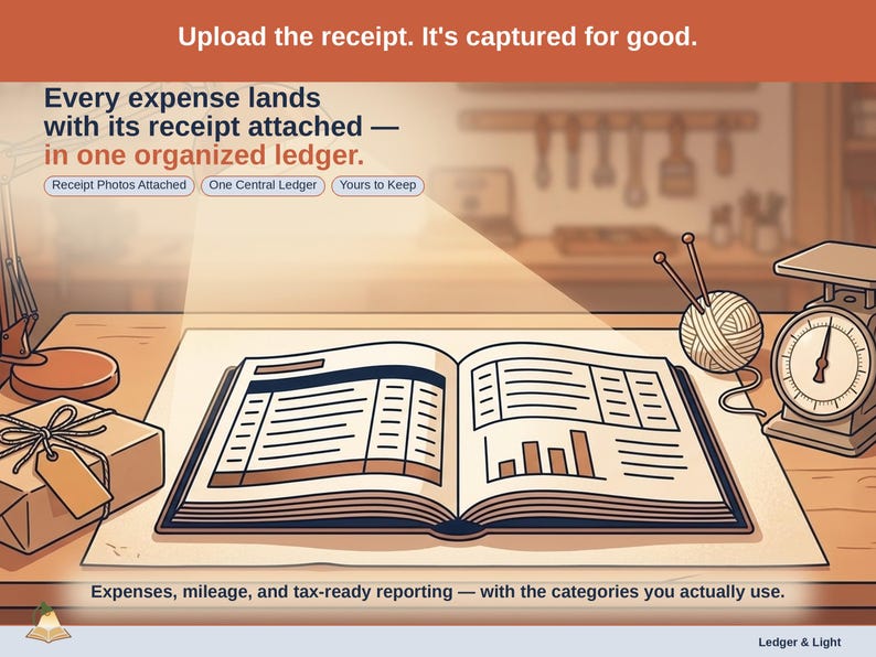Closing slide, captioned receipt photos attached, one central ledger, yours to keep. Every maker expense lands with its receipt attached, in one ledger that stays in your own Drive.