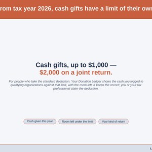 A statement slide: from tax year 2026, up to $1,000 of cash gifts, or $2,000 on a joint return, for people who take the standard deduction, with the cash logged and the room left shown on your Dashboard.