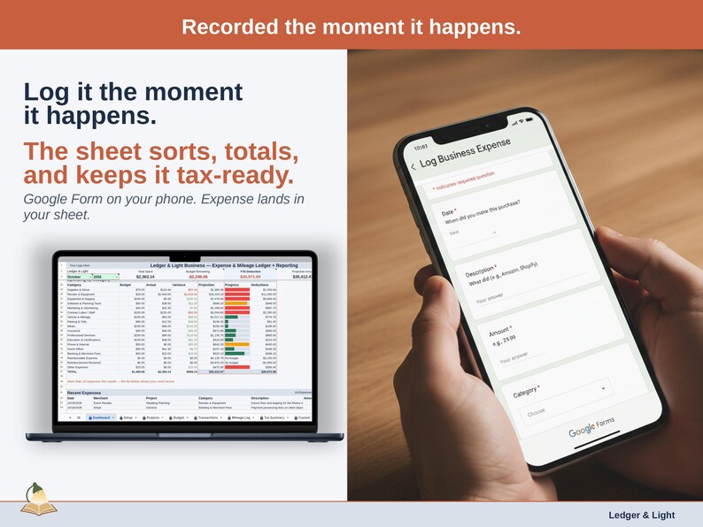 A laptop open to the Dashboard of a event planner Expense & Mileage Ledger + Reporting in Google Sheets, with the headline “Log it the moment it happens. The sheet sorts, totals, and keeps it tax-ready”. Google Form on your phone. Expense lands in your sheet.