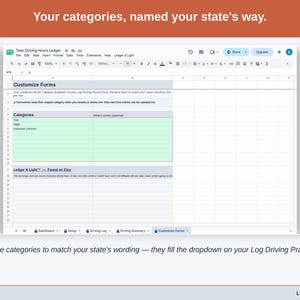 The Customize Forms tab: the categories you name, such as Day and Night, which fill the dropdown on your Log Driving Practice form.