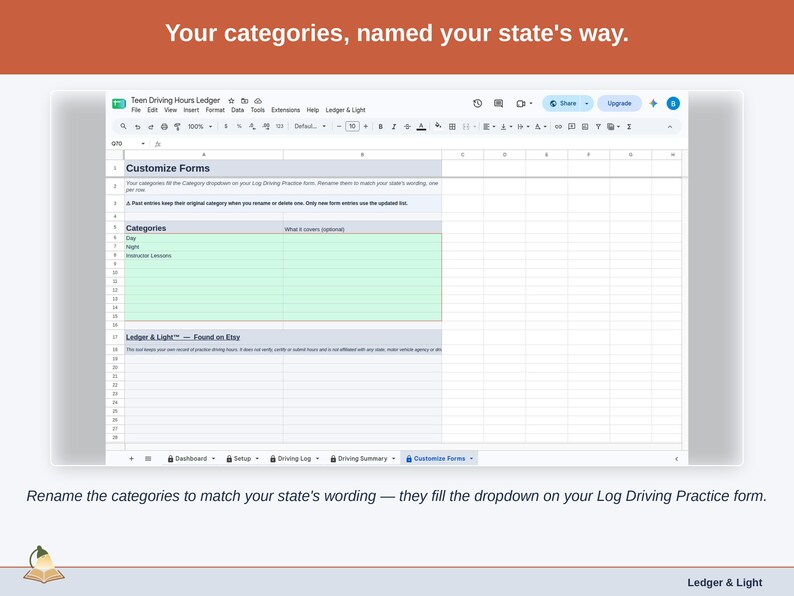 The Customize Forms tab: the categories you name, such as Day and Night, which fill the dropdown on your Log Driving Practice form.