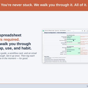 The Expense & Mileage Ledger + Reporting’s Setup tab on a laptop, walking a bed & breakfast owner through first-time setup step by step. A setup guide, a workflow card, and an email walkthrough. Set it up once. Then log each expense in the moment — for good.