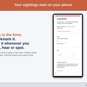 The Log Birds form on a phone: date, bird, what happened (Added, Heard or Spotted), how many and a note.
