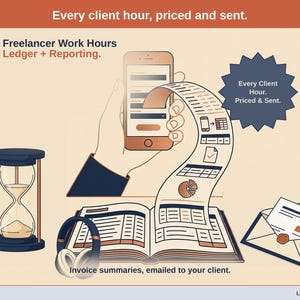 Title slide for the Freelancer Work Hours Ledger + Reporting — hourglass, stapler and headphones on a desk beside an open ledger, with a phone feeding it: hours by client, project and rate.