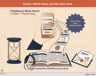 May include: A digital illustration featuring a smartphone, an hourglass, headphones, an open ledger, and an envelope. Text includes: Every client hour, priced and sent. Freelancer Work Hours Ledger + Reporting. Every Client Hour. Priced & Sent. Invoice summaries, emailed to your client. Ledger & Light.
