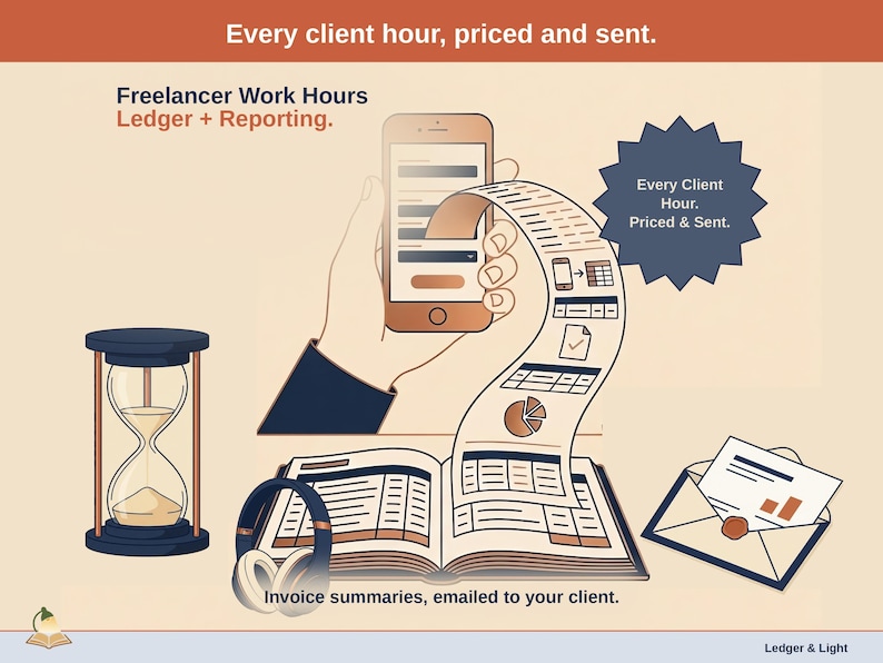 Title slide for the Freelancer Work Hours Ledger + Reporting — hourglass, stapler and headphones on a desk beside an open ledger, with a phone feeding it: hours by client, project and rate.